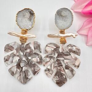 Artisan Monstera Leaf Drusy Stick Pearl Wire Wrapped Earrings Dramatic Statement